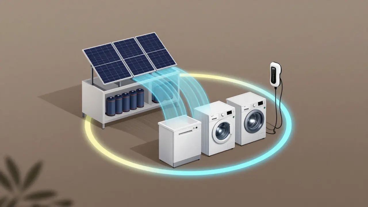 Energiefluss in einem Haus: Sonnenstrom speist Batterie und Geräte, Netzverbindung wird schwächer.
