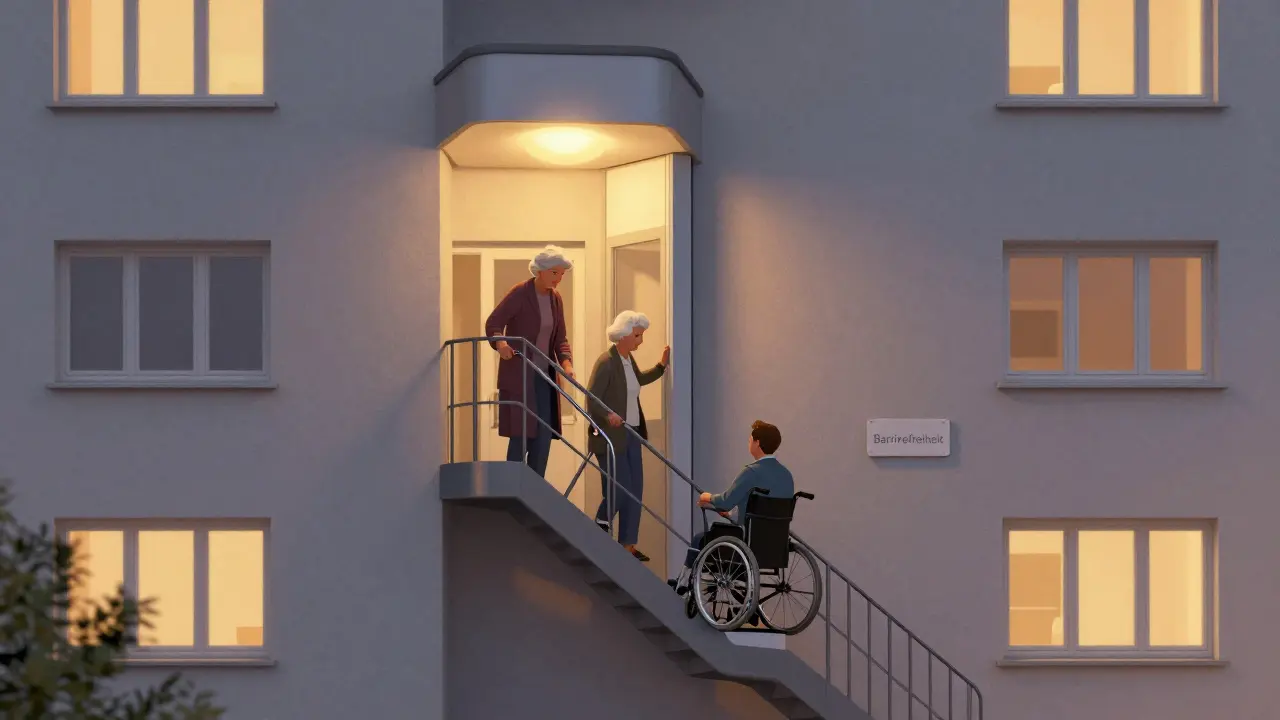 Externer Treppenlift an einem Mehrfamilienhaus in Österreich, zwei Personen nähern sich.