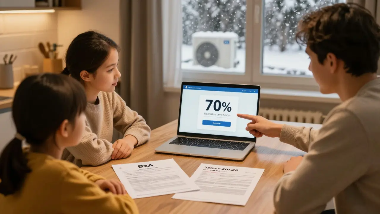 Familie mit Energieberater, die eine Förderzusage auf dem Laptop betrachten, während draußen eine Wärmepumpe steht.