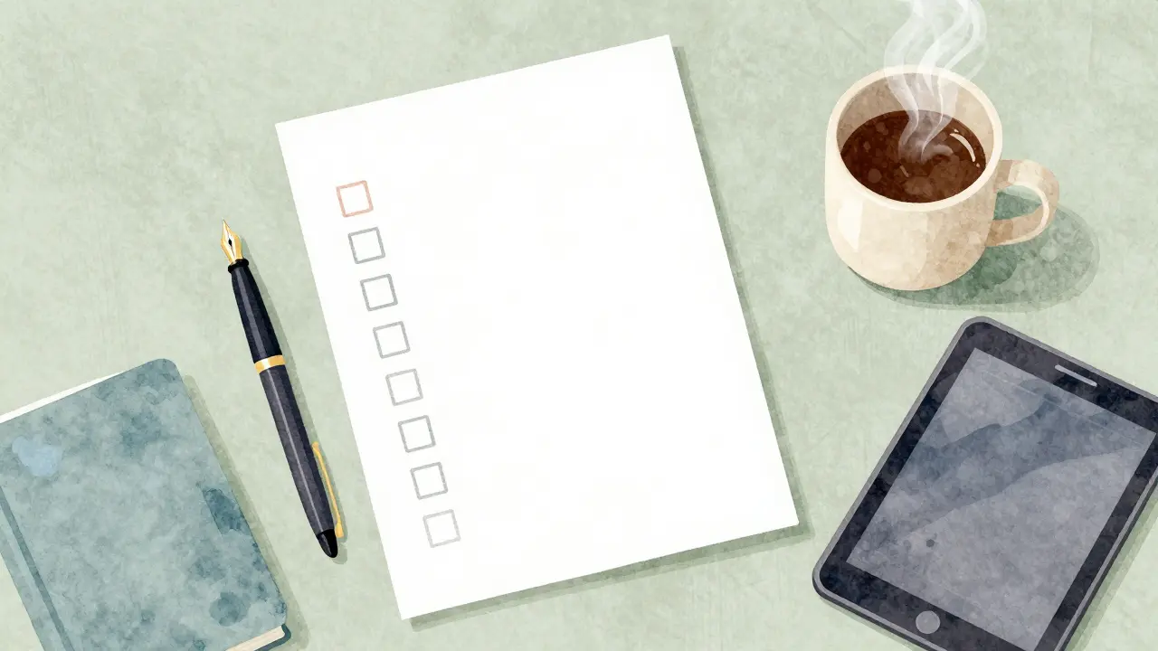 Geordneter Schreibtisch mit Planungsunterlagen und warmer Kaffeetasse.