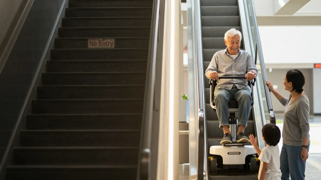 Kontrast: Verlassene Treppe links, belebte, barrierefreie Treppe mit Lift rechts.