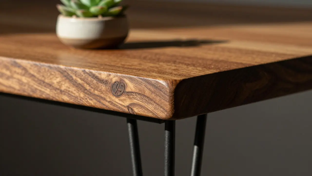 Nahaufnahme von Holztischplatte und Metallbeinen zeigt robuste Materialien.