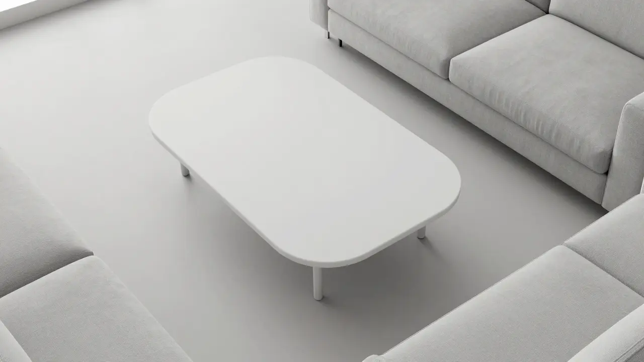 Runder Couchtisch vor kompaktem Sofa mit gutem Bewegungsbereich im Raum.