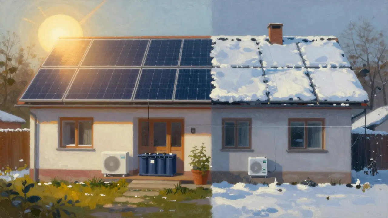 Saisonaler Vergleich: Sommer mit vollem Solarstrom vs. Winter mit geringer Erzeugung und geringer Batterieladung.