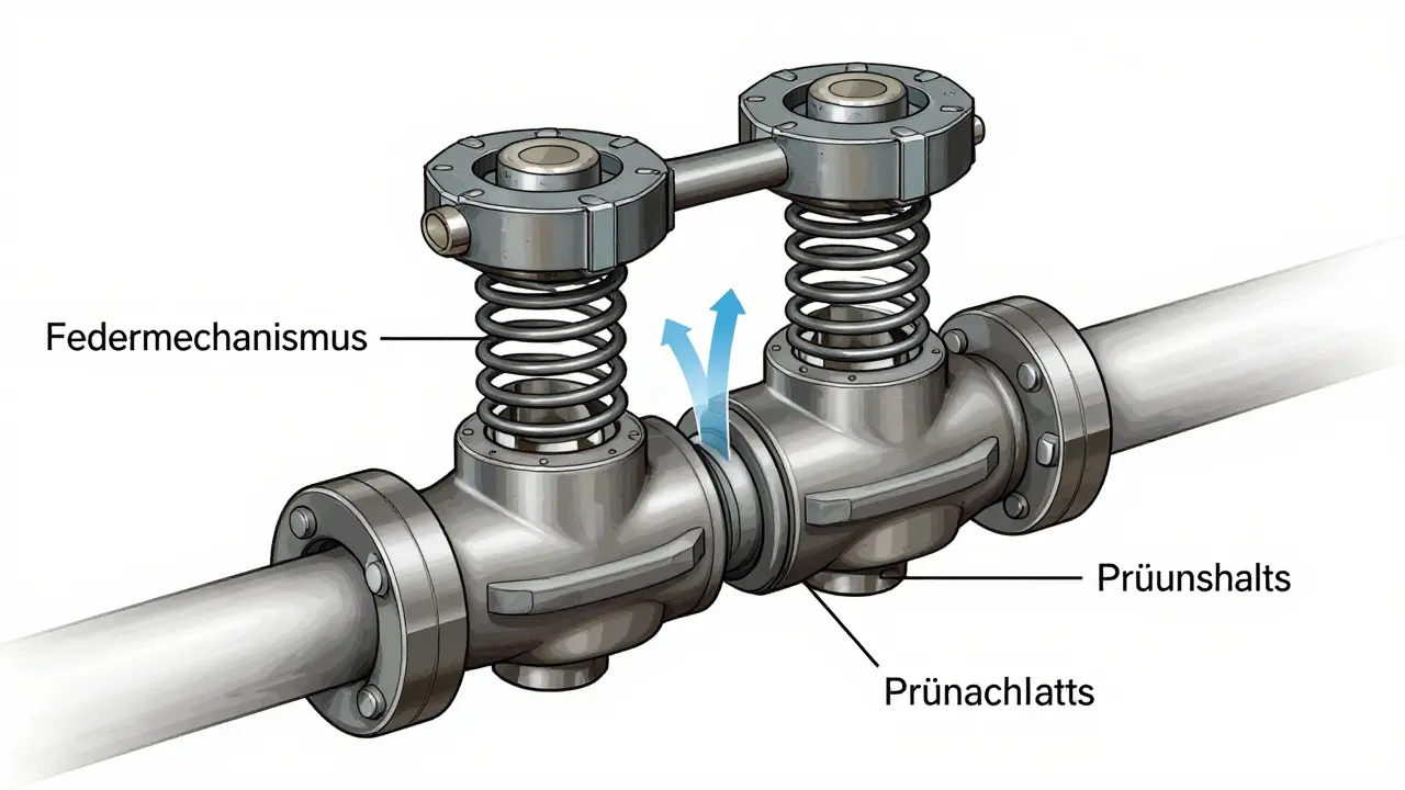Schematische Darstellung des inneren Ventilmechanismus eines Rückflussverhinderers.