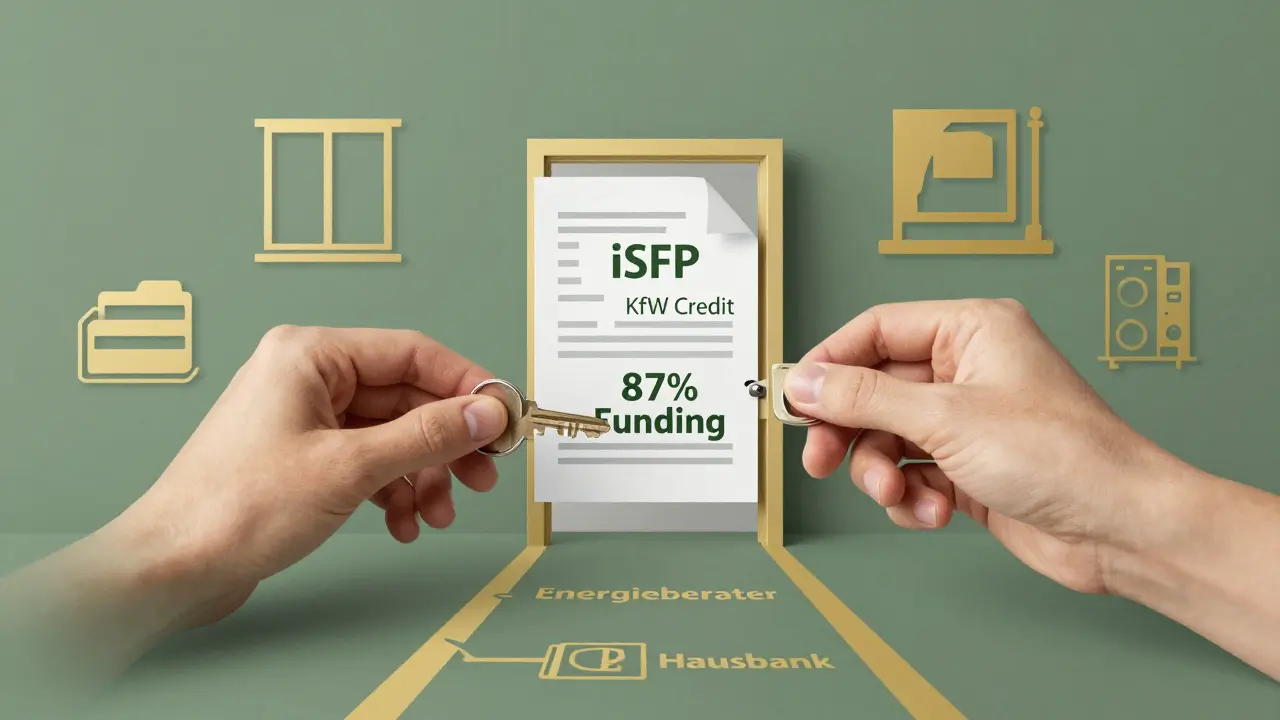Schlüssel aus Dokumenten öffnet Tür zu 87 % Förderung für Energie-Sanierung.