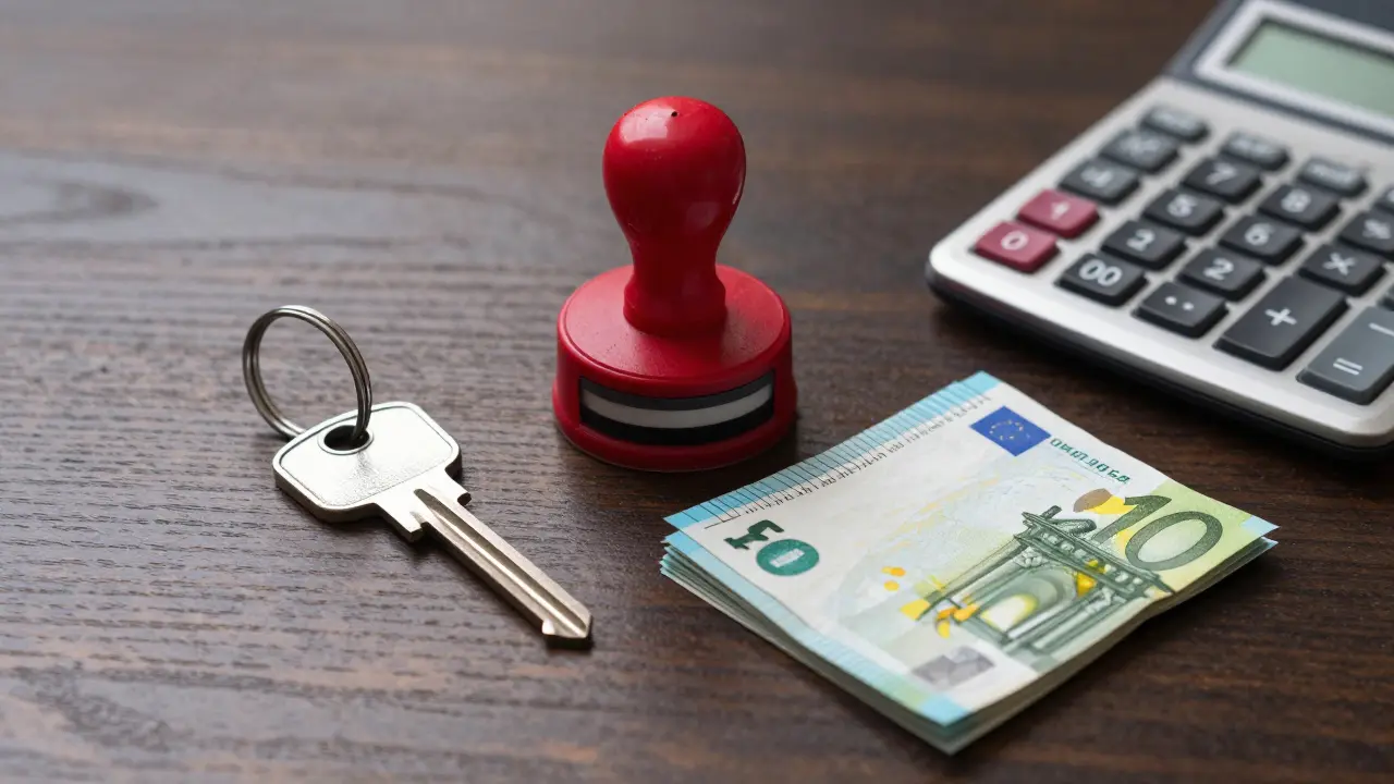 Schlüssel, Stempel und Geld repräsentieren Immobilienkaufnebenkosten auf Tisch.