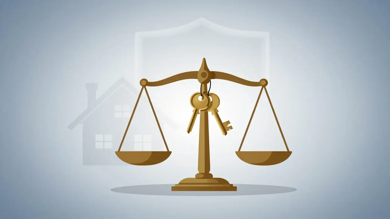 Schlüssel und Gerechtigkeitssymbol für sicheren Kauf