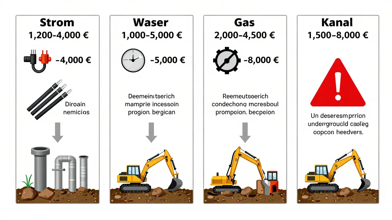 Technische Darstellung der Anschlusskosten für Strom, Wasser, Gas und Kanal beim Neubau in Österreich mit Kostenbereichen.