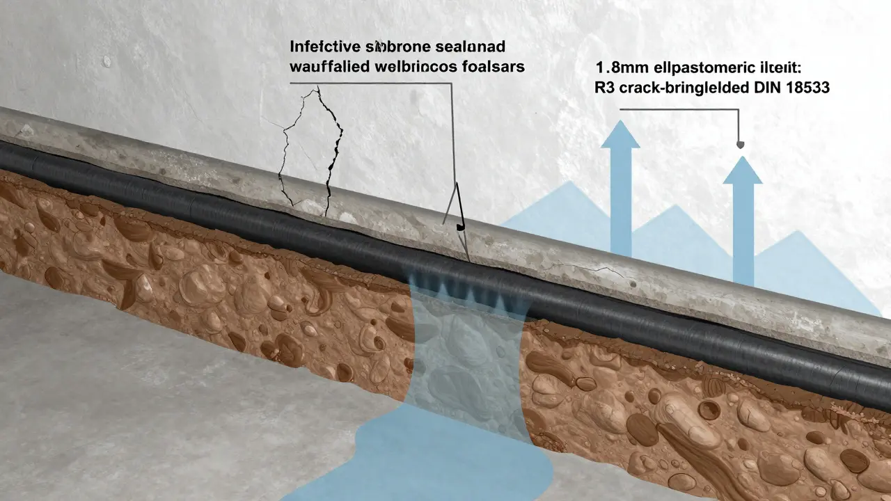 Technische Darstellung einer Kellerwand mit fehlerhafter und korrekter Abdichtung im Vergleich.