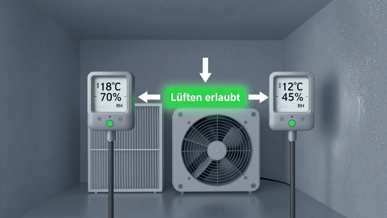 Technische Darstellung eines automatischen Kellerlüftungssystems mit Sensoren, die Luftfeuchtigkeit und Taupunkt vergleichen und Lüften steuern.