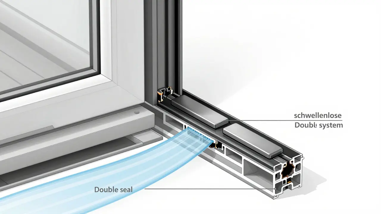 Technische Querschnittsansicht einer magnetischen Dichtung für schwellenlose Tür, mit Wasserdrainage.