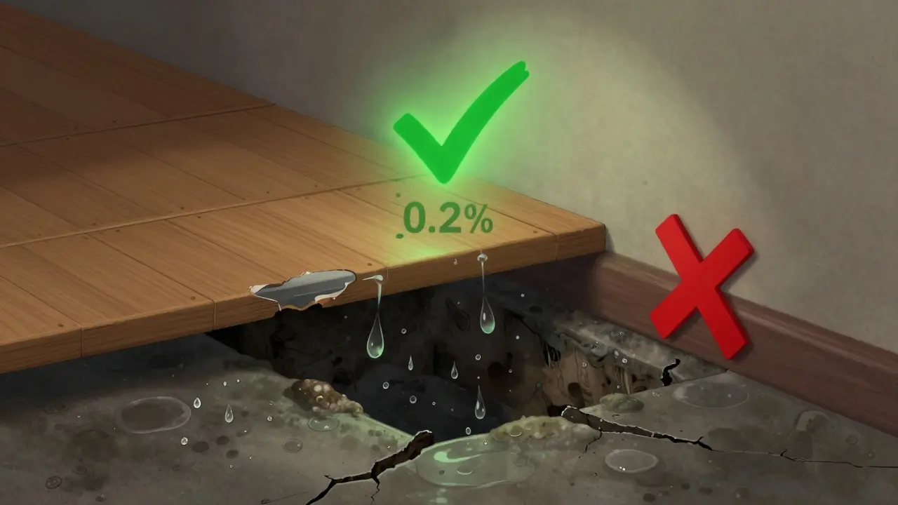Unter einem Bodenbelag wächst unsichtbarer Schimmel, während ein Messgerät einen sicheren Feuchtigkeitswert anzeigt.