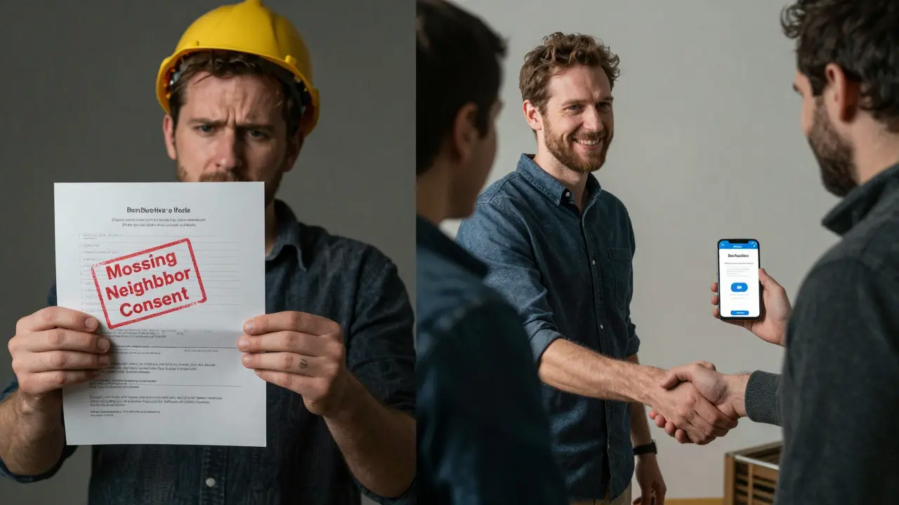 Vergleich: links ein abgelehnter Bauantrag, rechts ein erfolgreicher Konsens mit Nachbarn nach digitaler Planungsdarstellung.