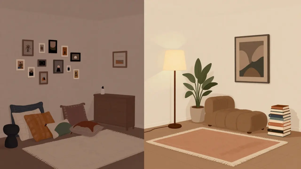 Vorher-Nachher-Vergleich: überfüllter Raum links, reduziert und gezielt eingerichtet rechts mit fünf zentralen Elementen.