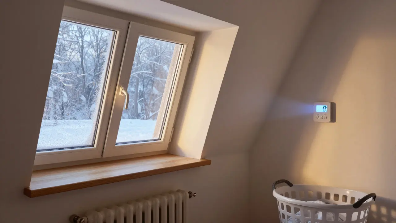 Winterlicher Keller mit gekippten Fenstern, Temperaturregler zeigt kühle Außenluft, Wände trocken, sanfte Wärme vom Heizkörper.