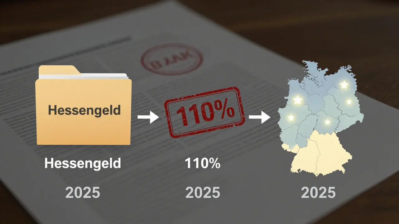 Zeitlinie zeigt Förderungen 2025 bis 2027 mit Hessengeld, 110%-Finanzierung und neuen Landesprogrammen.