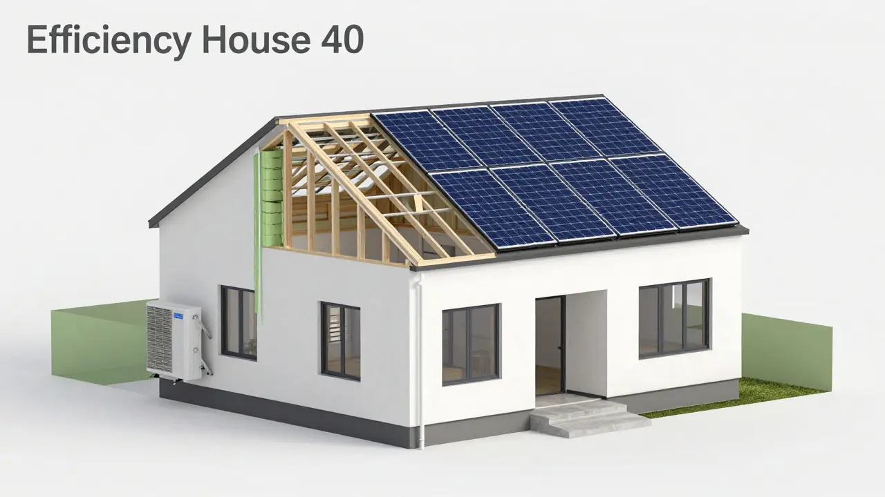 3D-Modell eines Effizienzhauses 40 mit Solarzellen und moderner Technik.