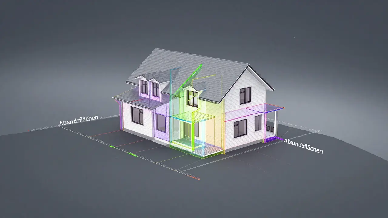 3D-Visualisierung der Abstandsflächenberechnung an einem Hanggrundstück