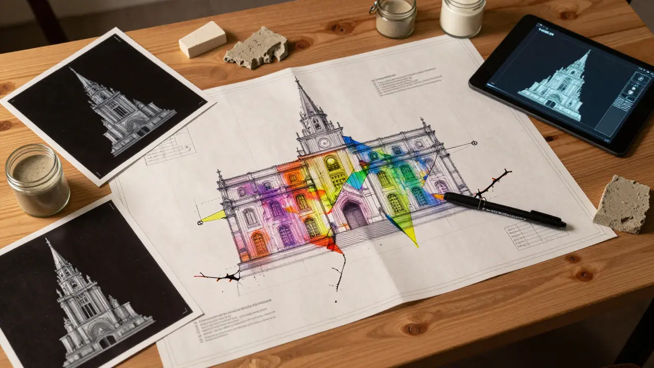 Architektonischer Plan mit Schadenskartierung und 3D-Modellen auf einem Arbeitstisch.