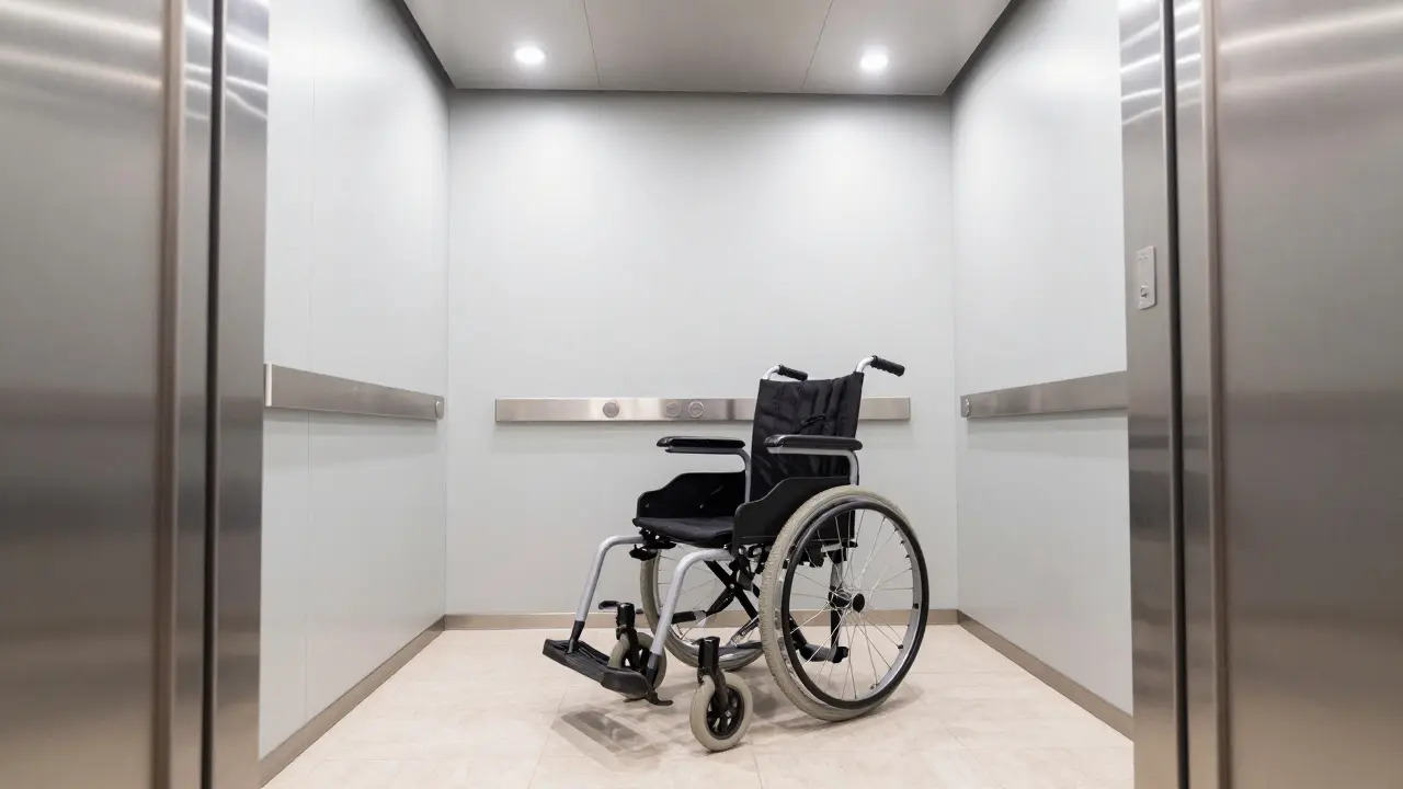 Barrierefreie Aufzugskabine mit einem Rollstuhlfahrer im Inneren