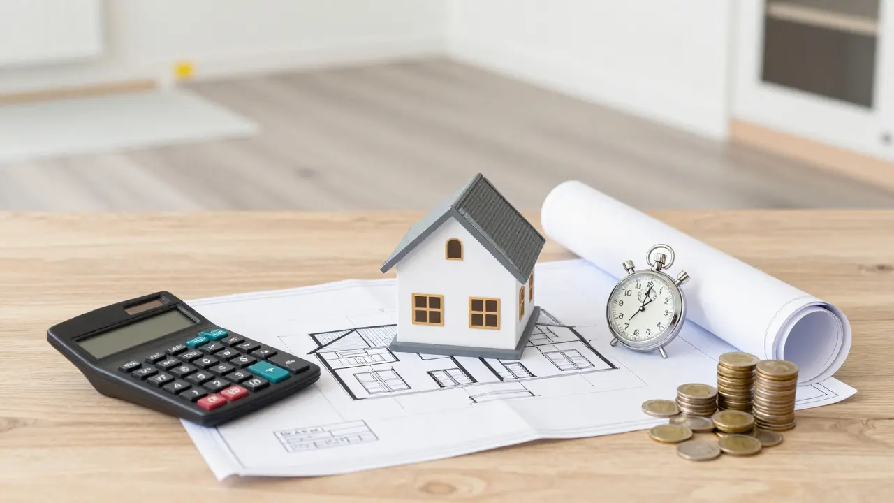 Baupläne, Taschenrechner und Münzen auf einem Tisch zur Kostenkalkulation beim Bau.