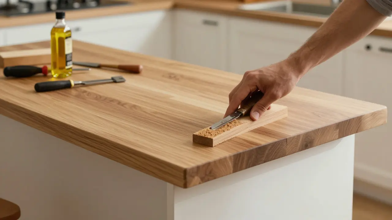 Detailansicht einer DIY-Kücheninsel aus Eichenholz während des Baus.