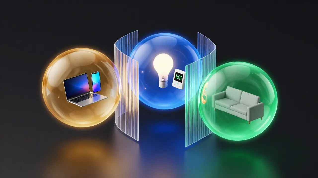 Drei farbige, isolierte Lichtzonen, die die Trennung von Heimnetzwerk, IoT-Geräten und Gastnetz darstellen.