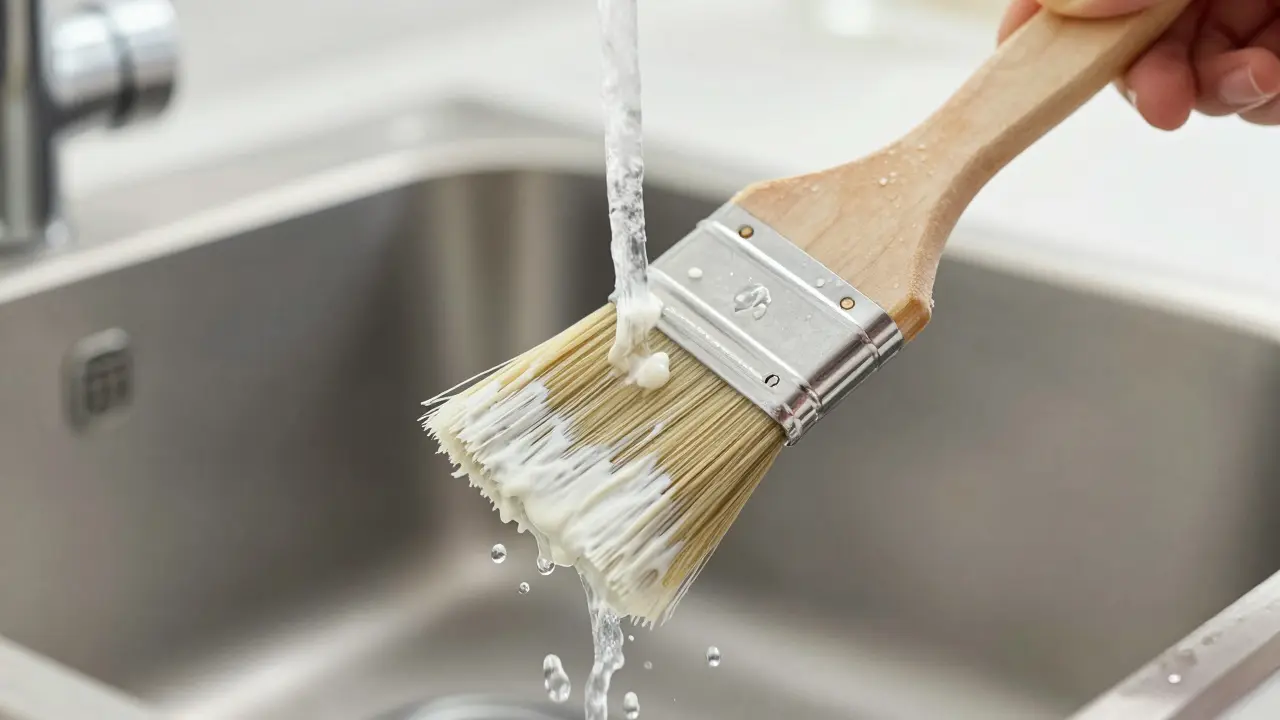 Ein Pinsel wird einfach unter fließendem Wasser von weißem Lack gereinigt.