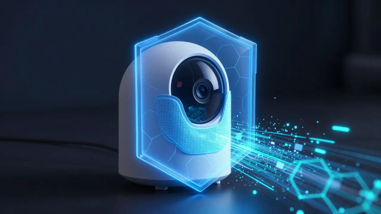 Ein Smart-Home-Gerät, das durch einen leuchtenden blauen Energieschild vor Angriffen geschützt wird.