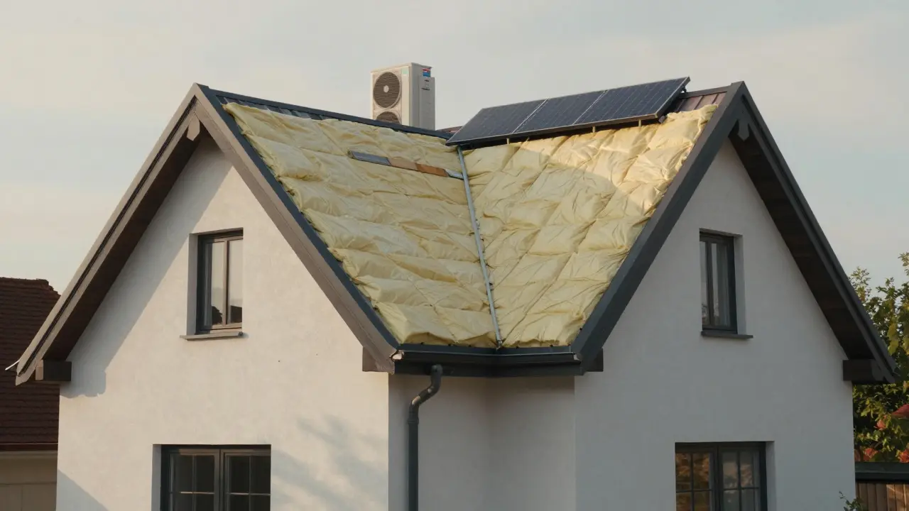 Energetische Sanierung eines historischen Hauses mit moderner Dachdämmung und Wärmepumpe.