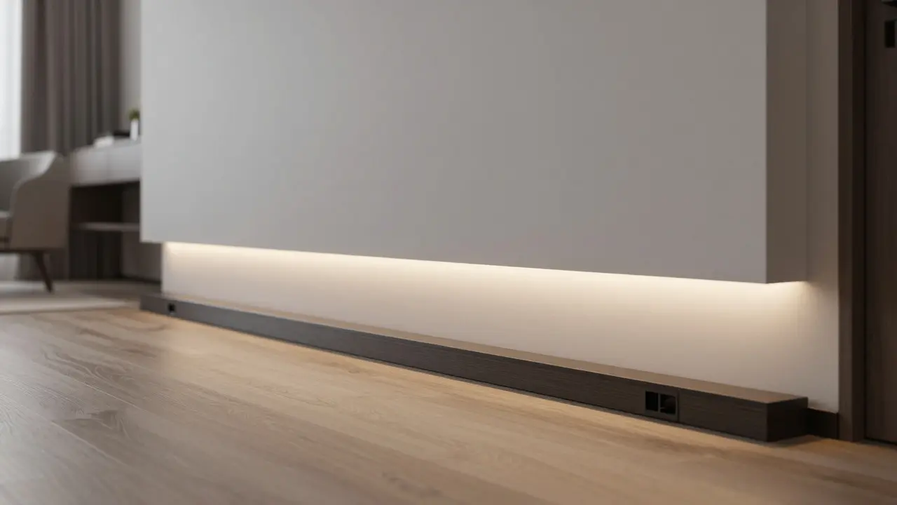 Fertiger moderner Raum mit installierten Sockelleisten und LED-Beleuchtung am Boden.