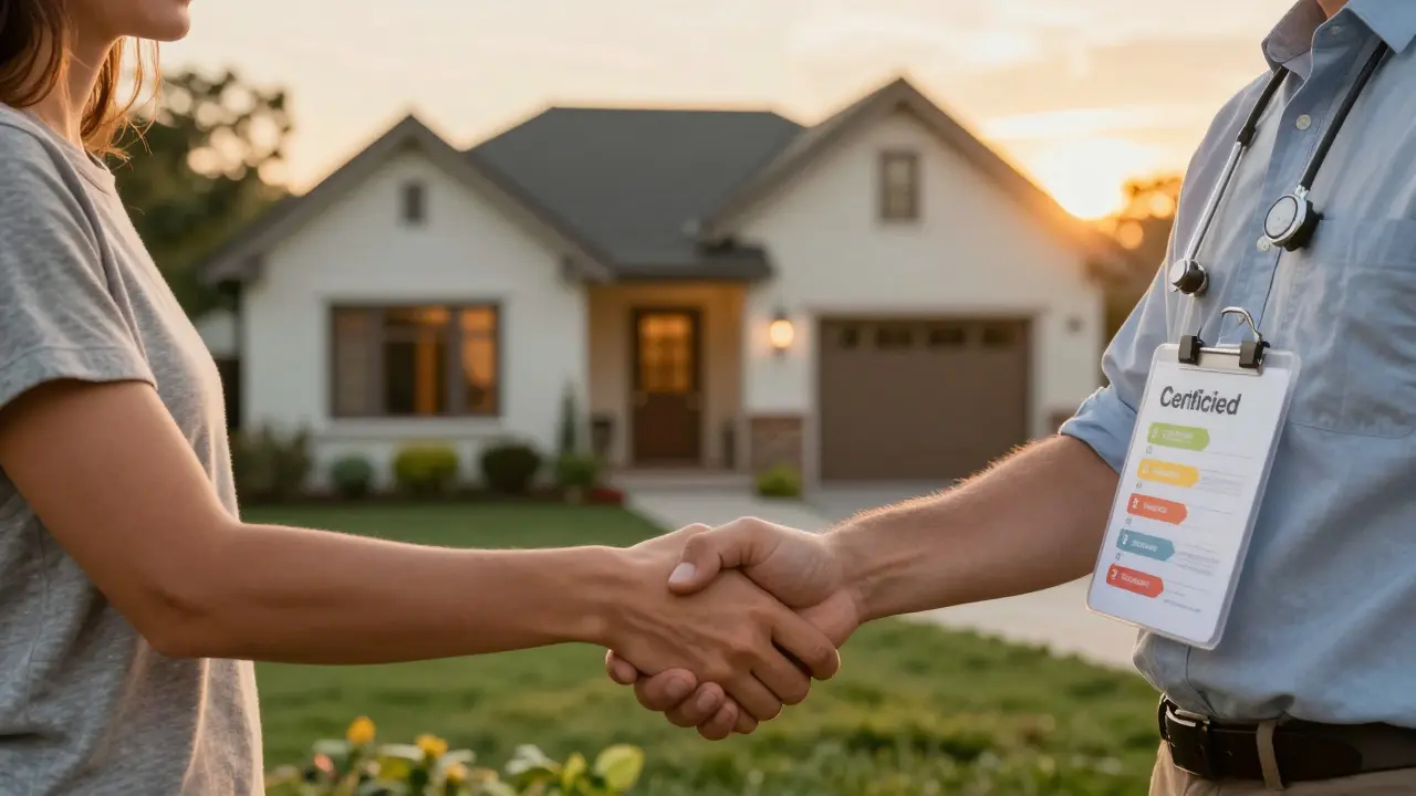 Händedruck zwischen Hausbesitzer und Energieexperten vor einem sanierten Haus.