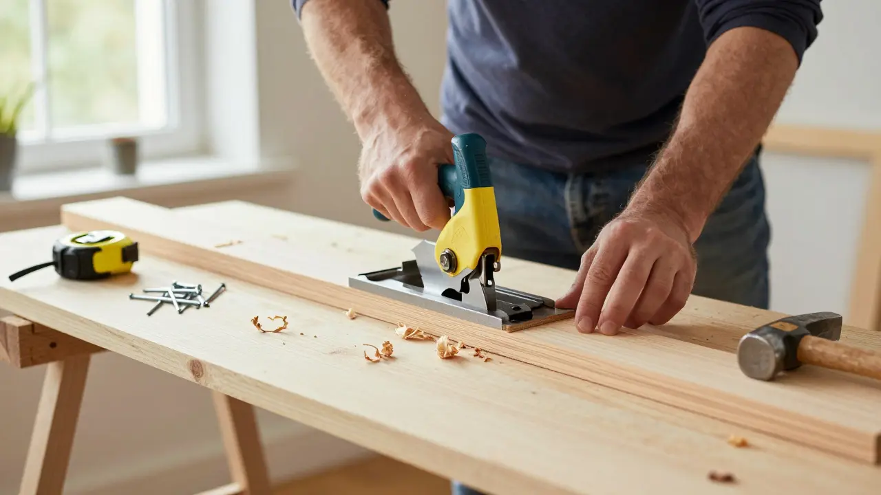 Handwerker schneidet eine hölzerne Sockelleiste mit der Säge für die Montage vor.