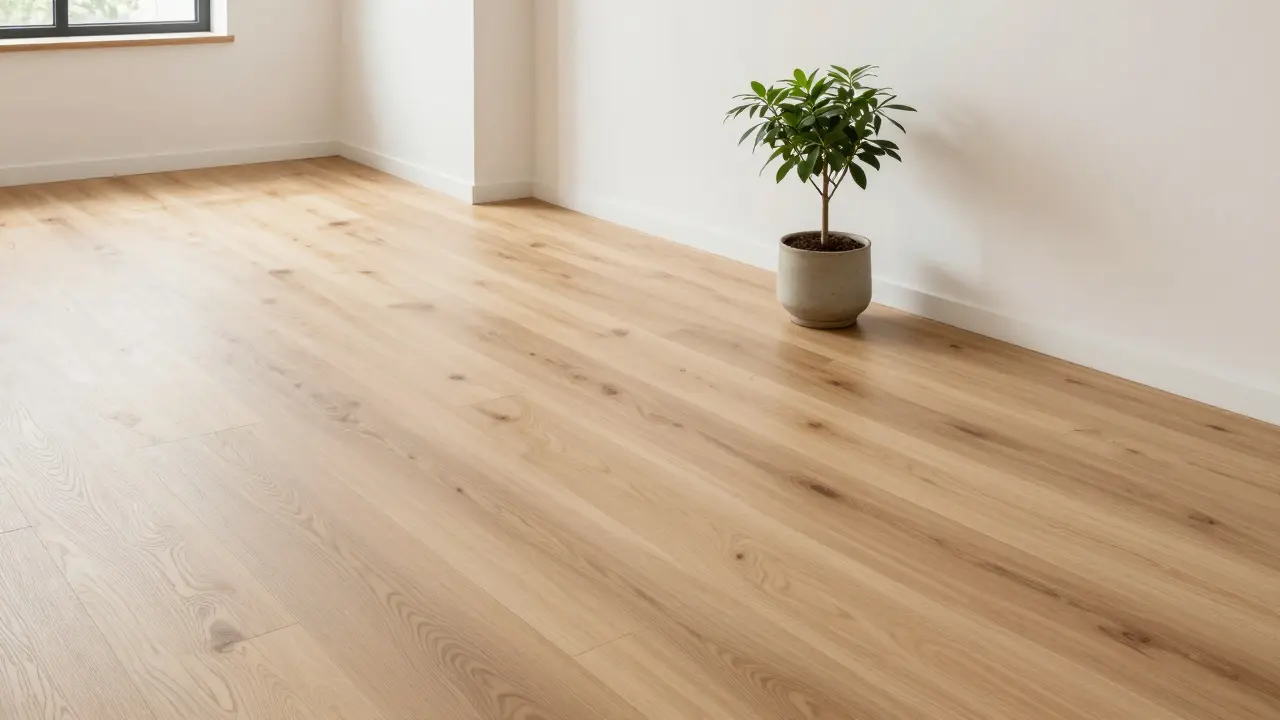 Heller Raum mit hochwertigem, nachhaltigem Echtholzboden und einer Pflanze.