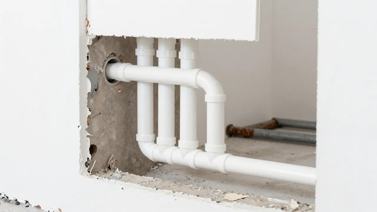 Installation moderner weißer PEX-Kunststoffleitungen während einer Haussanierung.