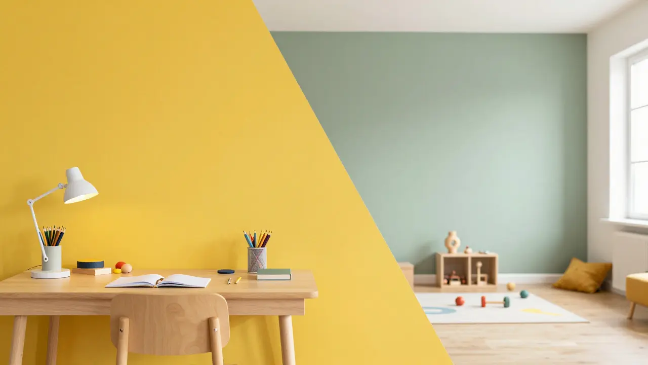 Kinderzimmer mit gelber Akzentwand am Schreibtisch und harmonischem Grün im Spielbereich.
