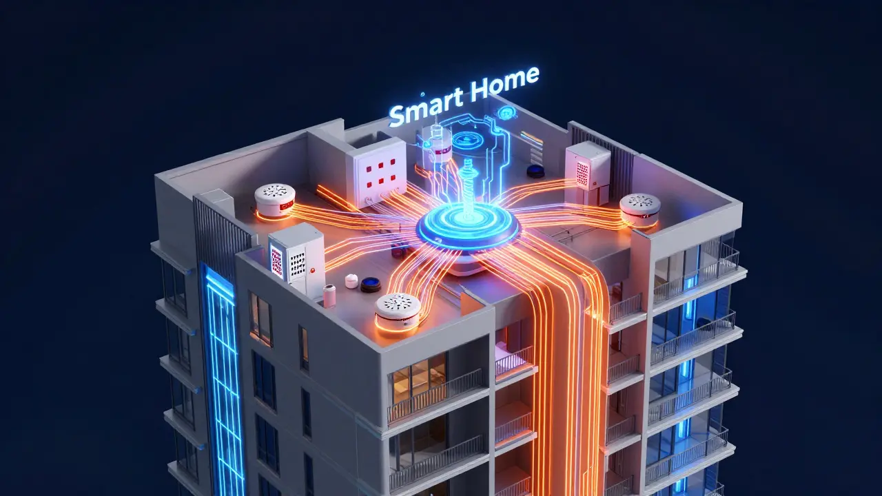 Konzept einer vernetzten Brandfrüherkennung in einem modernen Mehrfamilienhaus.