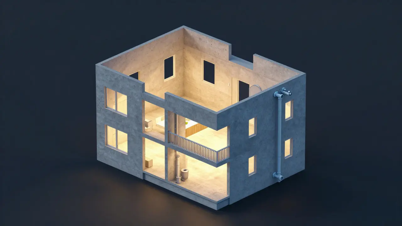 Konzeptionelle Darstellung von Sondereigentum und Gemeinschaftseigentum in einem Haus.