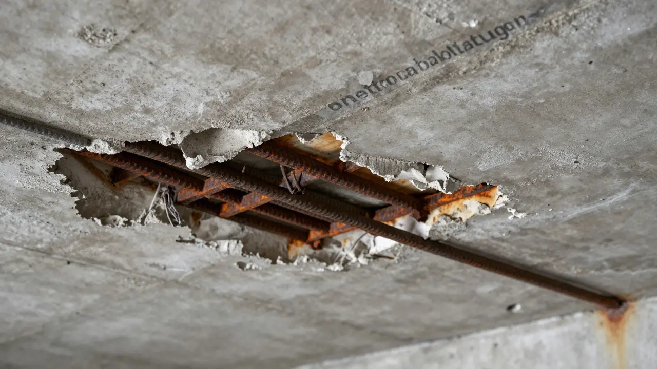 Korrodierter Bewehrungsstahl an einer beschädigten Betondecke im Keller