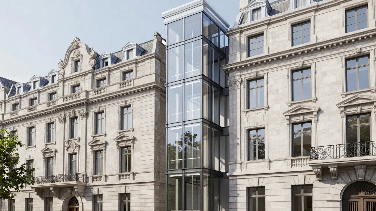 Moderner gläserner Außenaufzug an einem klassischen Altbaugebäude