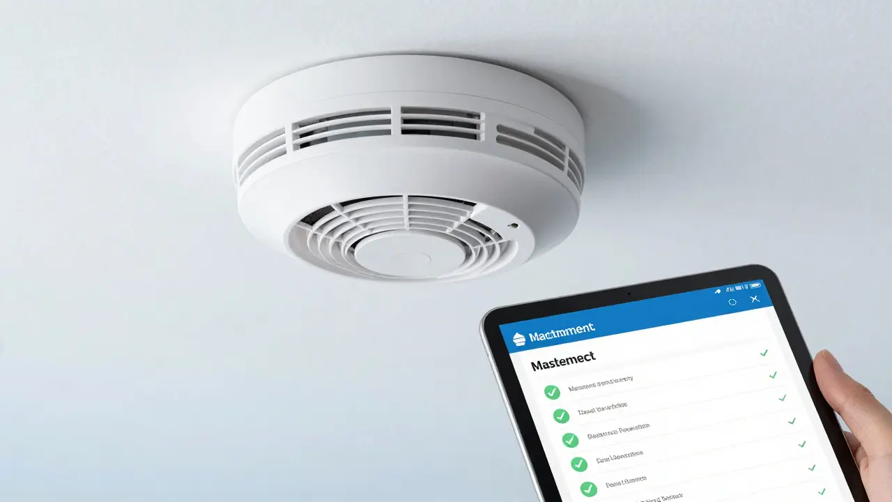 Moderner Rauchwarnmelder an der Decke und ein digitales Wartungsprotokoll auf einem Tablet.