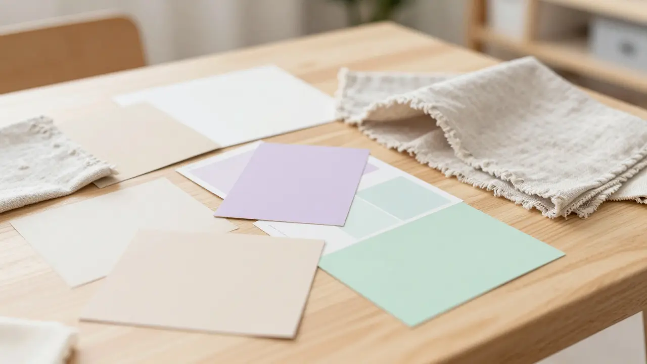 Moodboard mit ökologischen Farbmustern in Beige, Flieder und Mintgrün für die Zimmerplanung.