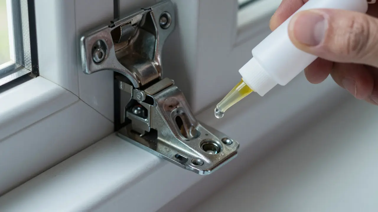 Nahaufnahme beim Ölen der mechanischen Fensterbeschläge und Getriebe.