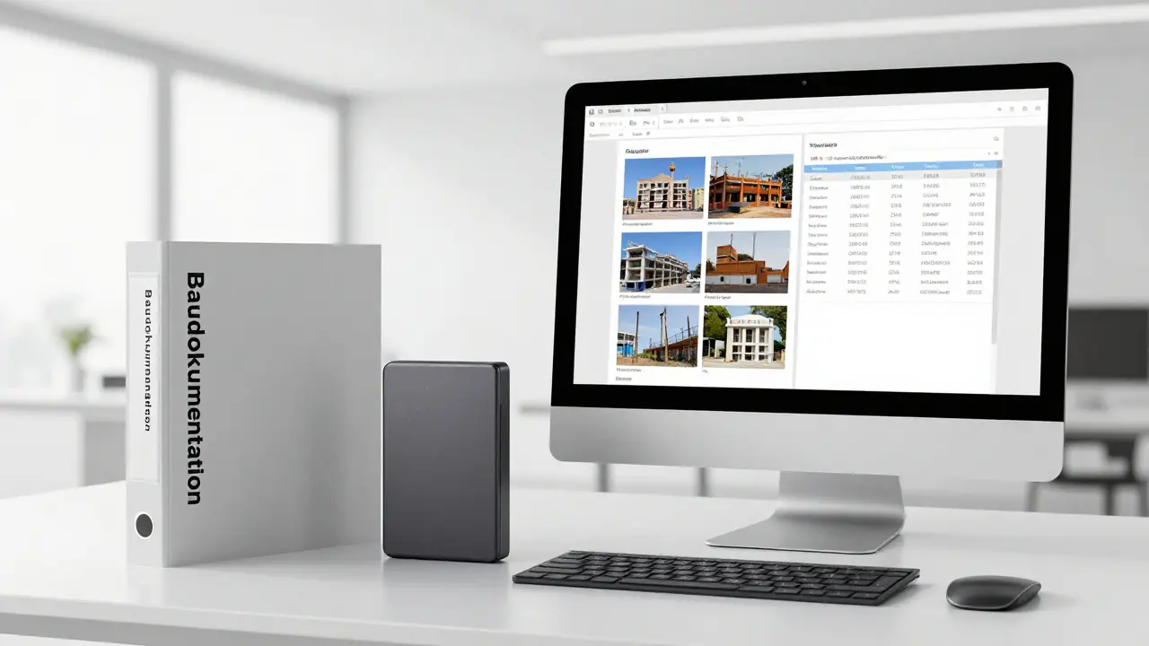 Professionelle Baudokumentation als physischer Ordner und digitales Archiv in einem Büro.