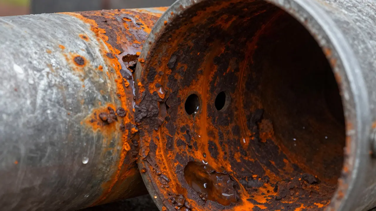 Querschnitt eines korrodierten Stahlrohrs mit Rostablagerungen und Lochfraß.