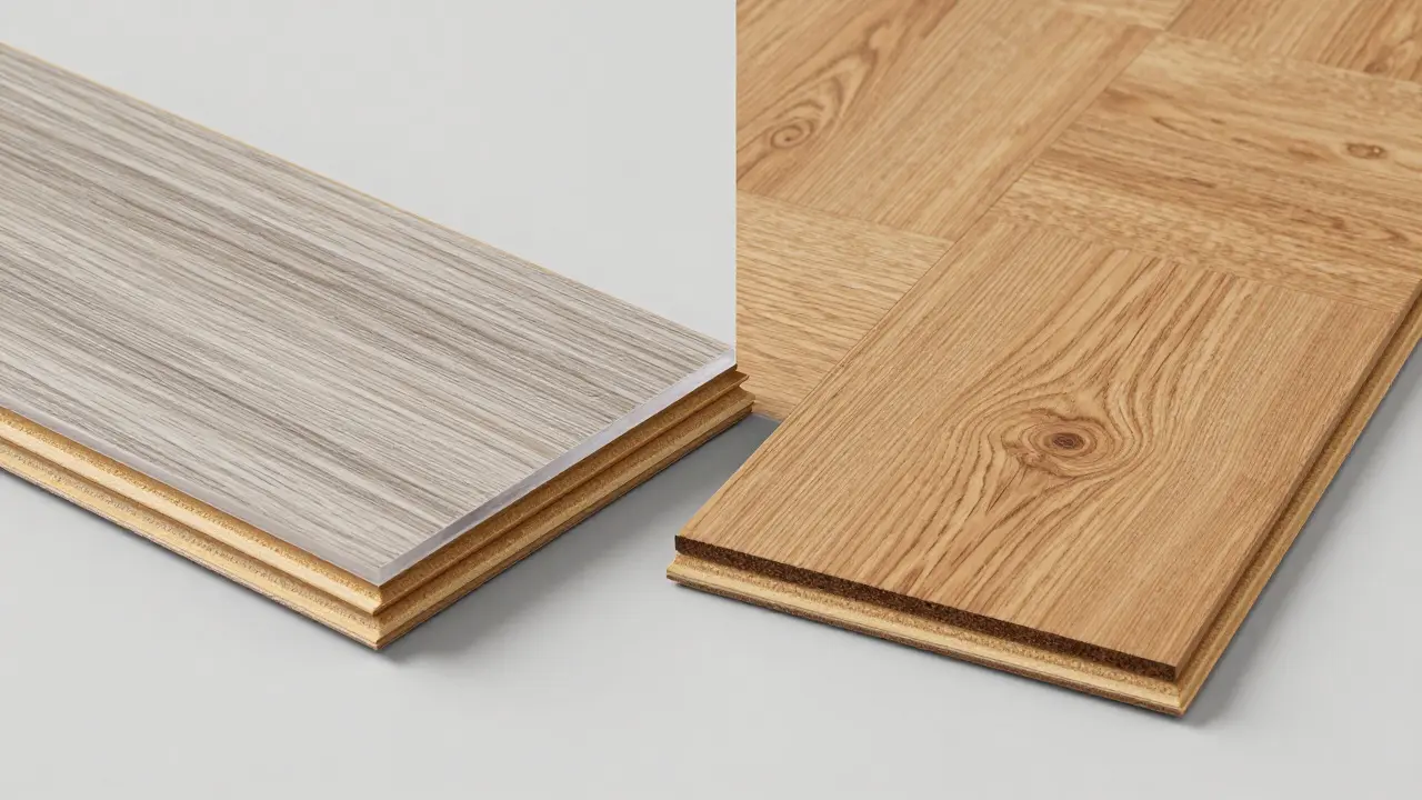 Querschnittvergleich zwischen geschichtetem Laminat und massivem Echtholz.