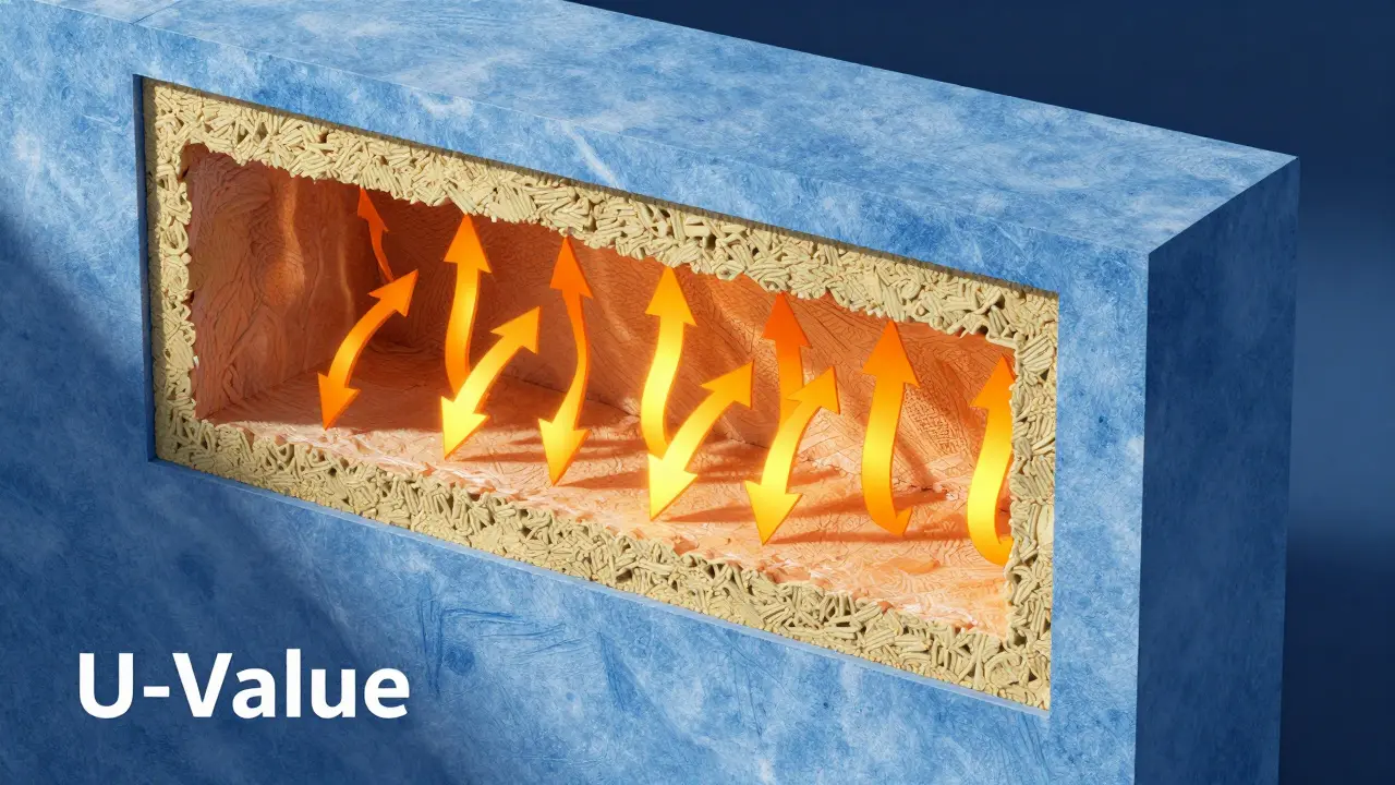 Schematische Darstellung der Wärmedämmung einer Wand zur Veranschaulichung des U-Werts.