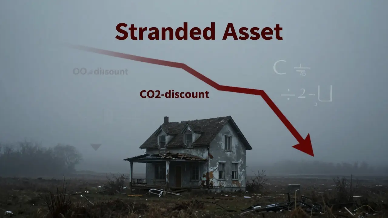 Symbolbild eines energetisch ineffizienten Hauses mit sinkenden Finanzkurven.