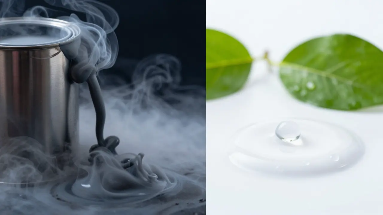 Vergleich zwischen chemischen Lösungsmitteldämpfen und einer sauberen wasserbasierten Lösung.